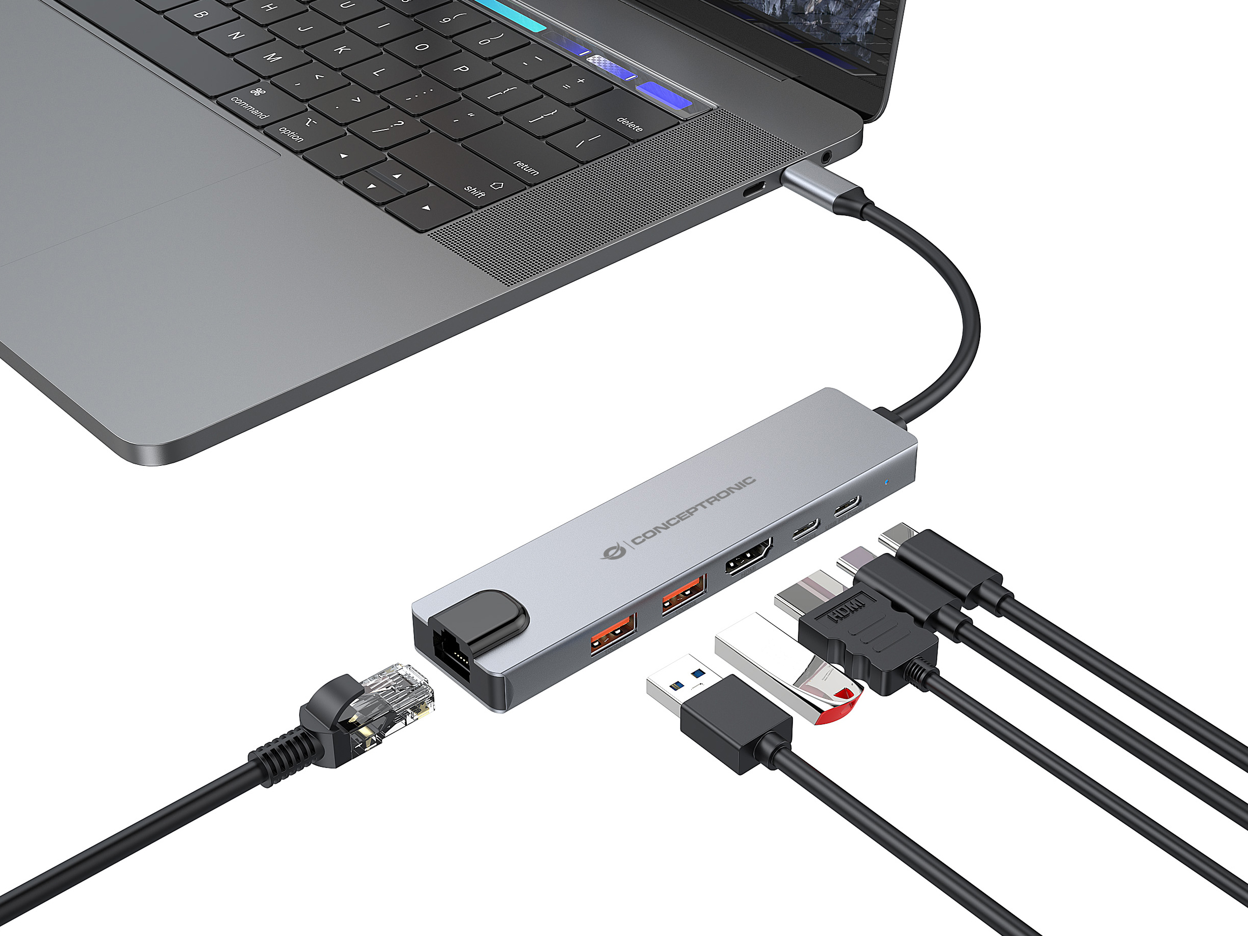 Conceptronic DONN29G 6-in-1 Dockingstation HDMI 4K60Hz 140W Grau