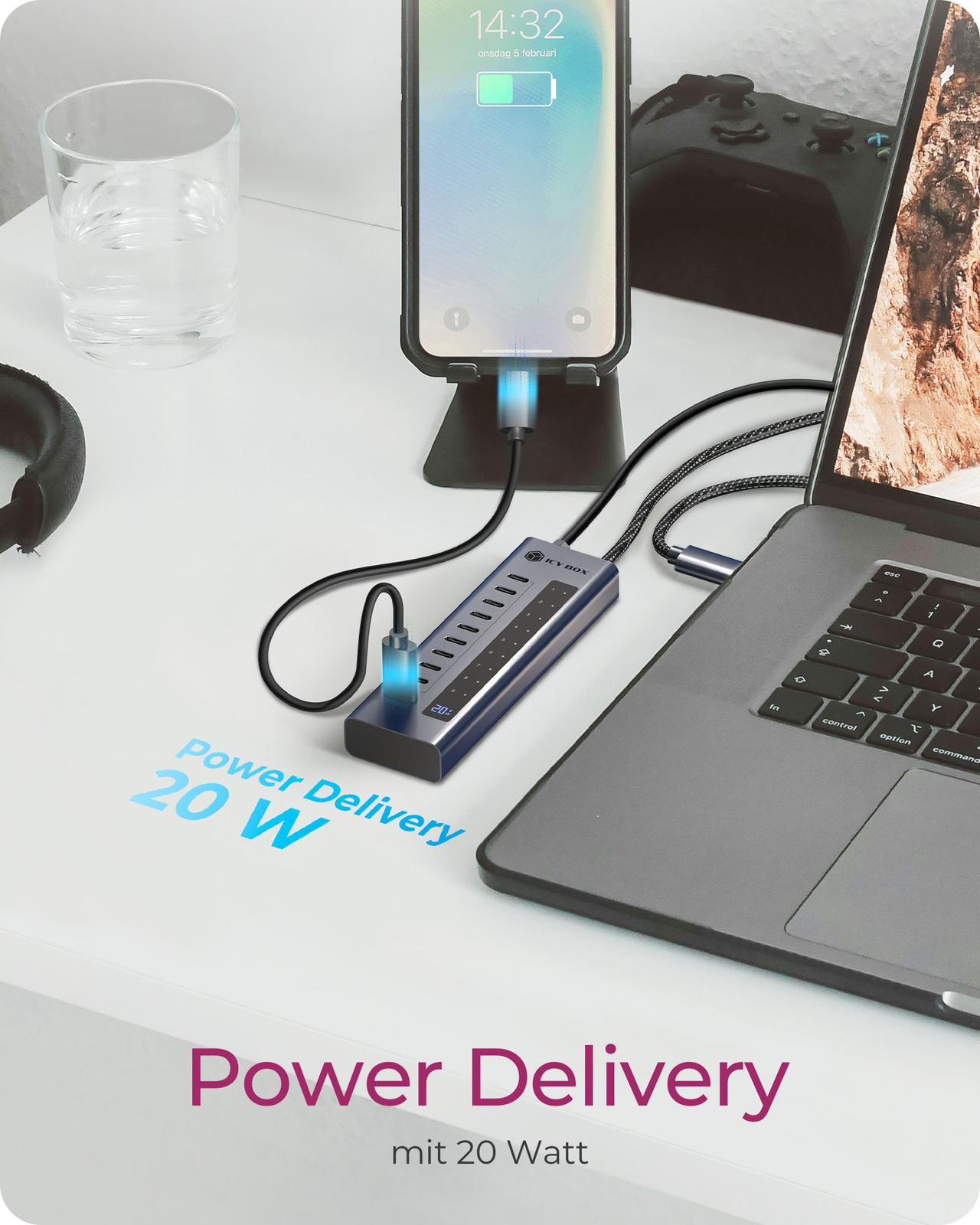 ICY BOX IB-HUB1450-C31 USB-Hub 10x USB-C 3.2 Gen 2 bis 10 Gbit/s 48W Netzteil PD 20W Anthrazit