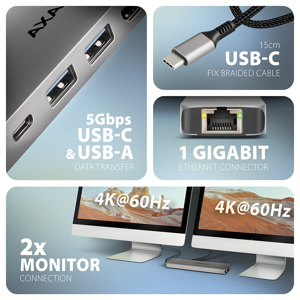AXAGON HMC-7HX2 Dockingstation USB-C 3.2 Gen 1 2x HDMI 100W Grau