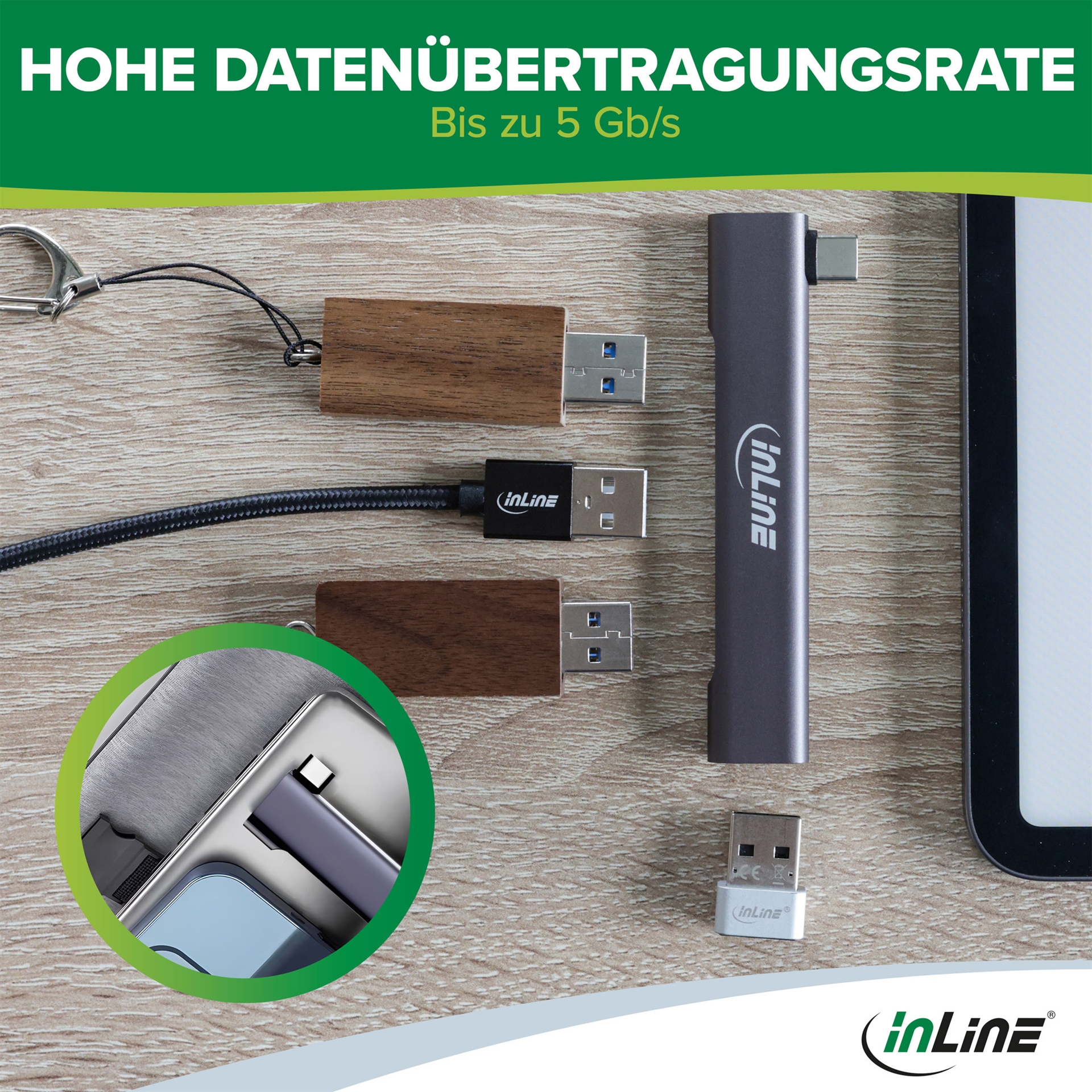 InLine Slim USB-C Hub 4-Port 1x USB 3.2 Gen 1 + 3x USB 2.0 Silber