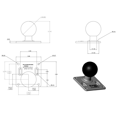 RAM Mounts RAM-D-2461U Kugelverbindung VESA 75mm 2,25" Schiffsaluminium Schwarz