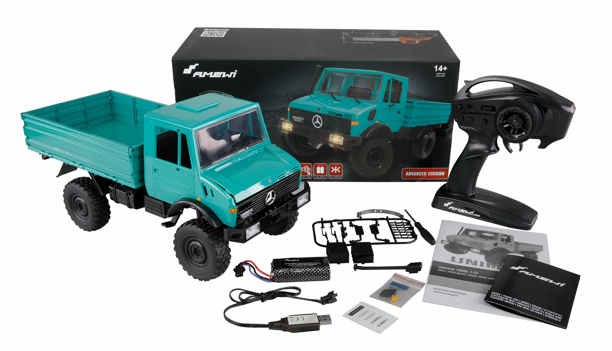 Amewi Mercedes-Benz Unimog Advanced 4WD 1:12 RTR petrol Grün