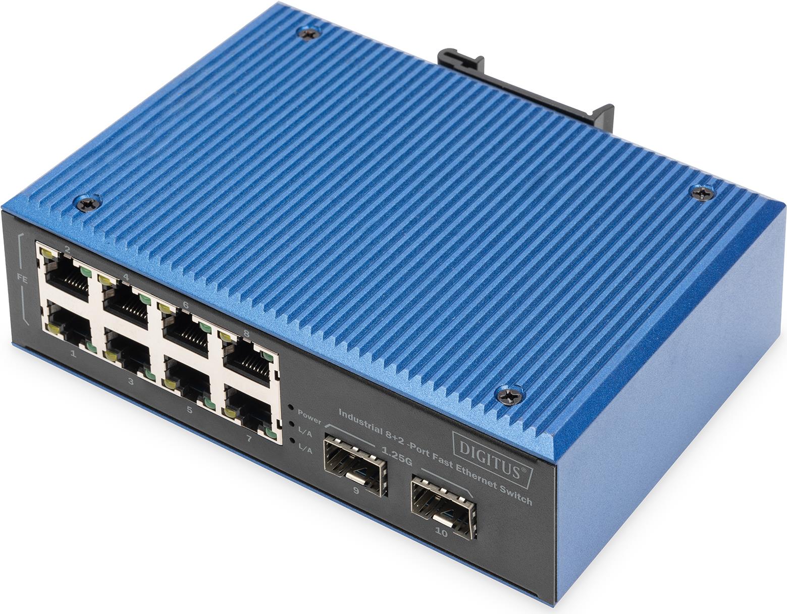 Digitus Industrial 8+2-Port Fast Ethernet Switch. Switch-Typ: Unmanaged. Basic Switching RJ-45 Ethernet Ports-Typ: Fast Ethernet (10/100), Anzahl der basisschaltenden RJ-45 Ethernet Ports: 8, Anzahl installierten SFP Module: 2. Vollduplex. MAC-Adressentabelle: 2000 Eintragungen, Routing-/Switching-Kapazität: 1 Gbit/s. Netzstandard: IEEE 802.3x (DN-651146)