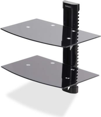 StarTech.com Dual Floating Wall-Mounted AV Shelves, Adjustable Height Shelf For Under TV, Organize A/V Equipment On Black Tempered Glass Shelves (2B-WALL-MOUNT-SHELF)