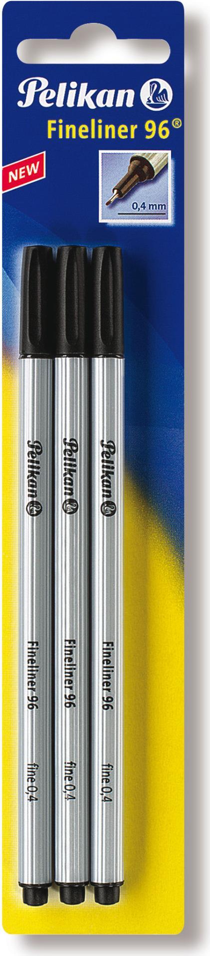 PELIKAN Fineliner 96 schwarz 3/B metallgefasste Spitze dokumentenechte lichtbestaendige Tinte Strichstaerke 4mm auf Blisterkarte (00940601)