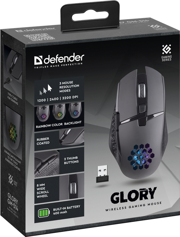 Defender GLORY GM-514 Gaming-Maus rechts kabellos optisch 3200 DPI Schwarz