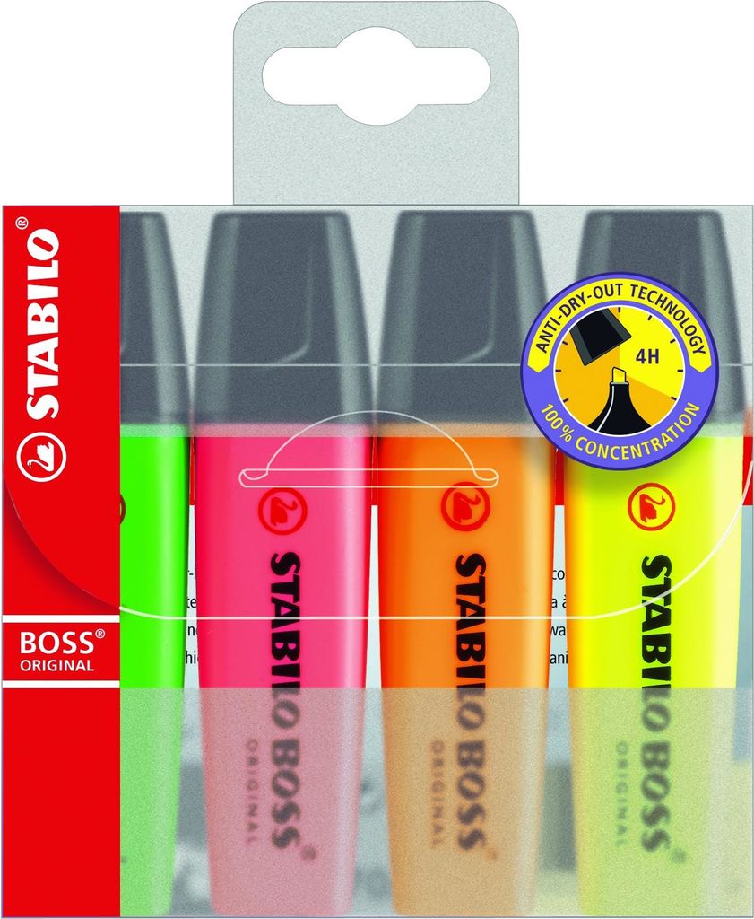 STABILO BOSS ORIGINAL Textmarker, 4er Set, Keilspitze 2-5 mm, Mehrfarbig