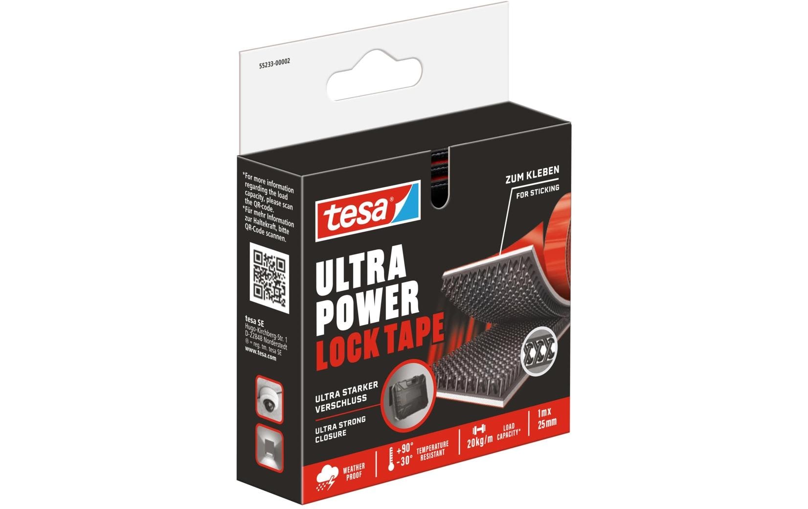 tesa Ultra Power Lock Tape Selbstklebendes Klettband 25 mm x 1 m 20 kg Haltekraft Schwarz/Rot