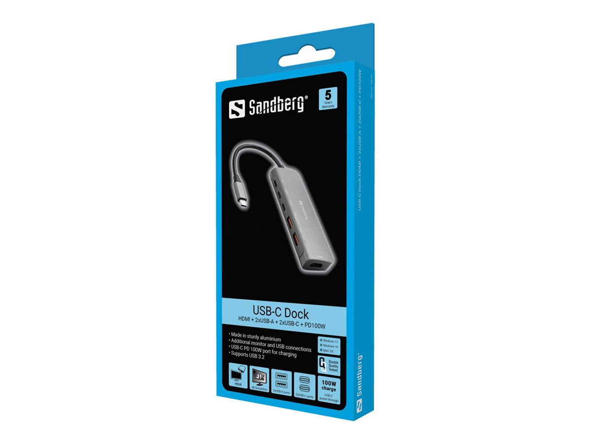 Sandberg USB-C Dockingstation HDMI 2xUSB-A 2xUSB-C PD100W Aluminium