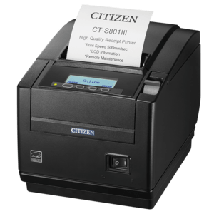 Citizen CT-S801III, 8 Punkte/mm (203dpi), Cutter, USB, schwarz Bondrucker, Thermodirekt, Auflösung: 8 Punkte/mm (203dpi), Medienbreite (max): 58/60/80/82,5mm, Druckbreite (max.): 80mm, Rollendurchmesser (max.): 83mm, Geschwindigkeit (max.): 500mm/Sek., Cutter, Anschluß: USB (Typ B), inkl.: Netzteil, Netzkabel (EU), Bonrolle, QSG, separat bestellen: Schnittstelle, Farbe: schwarz (CTS801IIIS3NEBPXX)