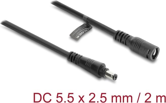 Delock DC Verlängerungskabel 5,5 x 2,5 mm Stecker zu Buchse mit Bajonettverschluss 18 AWG, 2 m schwarz (67393)