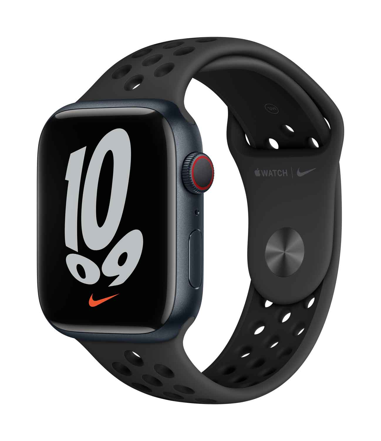 Apple Watch S7 Nike Aluminium 45mm Cellular Mitternacht Sportarmband anthrazit 45mm Aluminiumgehäuse Mitternacht, Nike Sportarmband anthrazit /schwarz. Armband 140-210 mm Umfang. (MKL53FD/A)