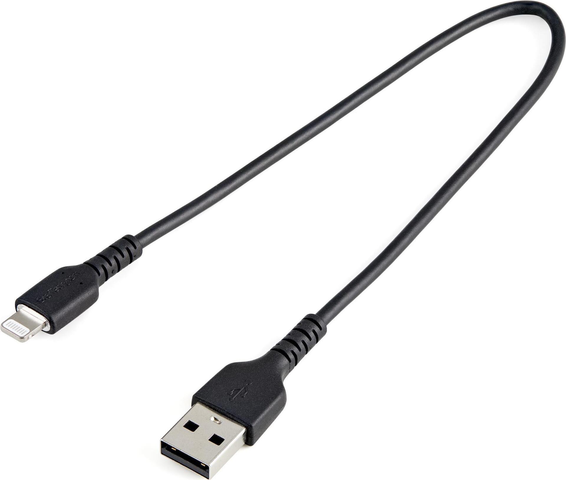 StarTech.com 12inch/30cm Durable Black USB-A to Lightning Cable, Rugged Heavy Duty Charging/Sync Cable for Apple iPhone/iPad MFi Certified (RUSBLTMM30CMB) - Lightning-Kabel - USB (M) bis Lightning (M) - 30 cm - Schwarz - für Apple iPad/iPhone/iPod (Lightning)