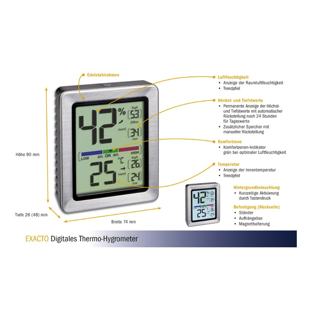 TFA Dostmann EXACTO Elektronisches Hygrometer Silber
