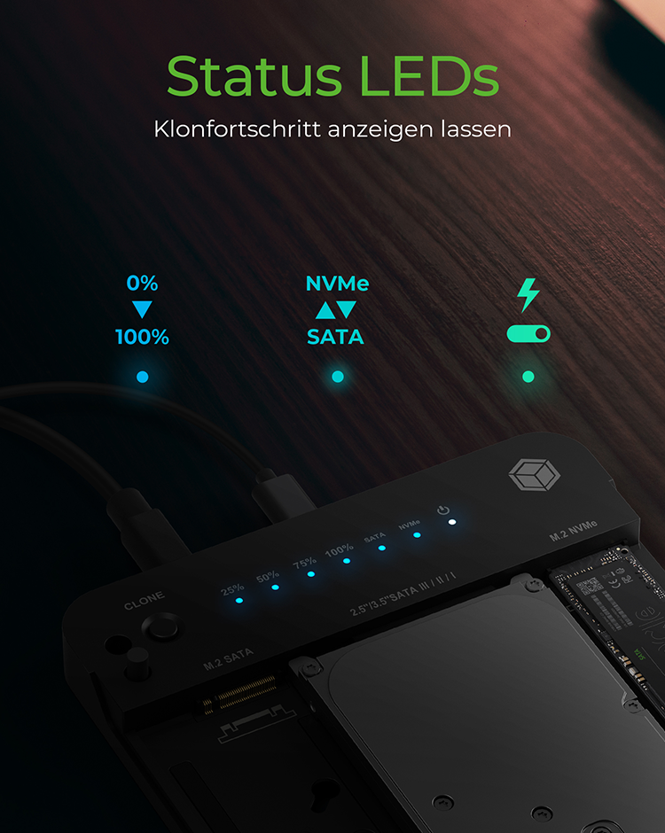 ICY BOX IB-2915MSCL-C31 Docking- und CloneStation für M.2 NVMe, M.2 SATA und 2,5"/3,5" SATA, USB 3.2 Gen 2, Schwarz