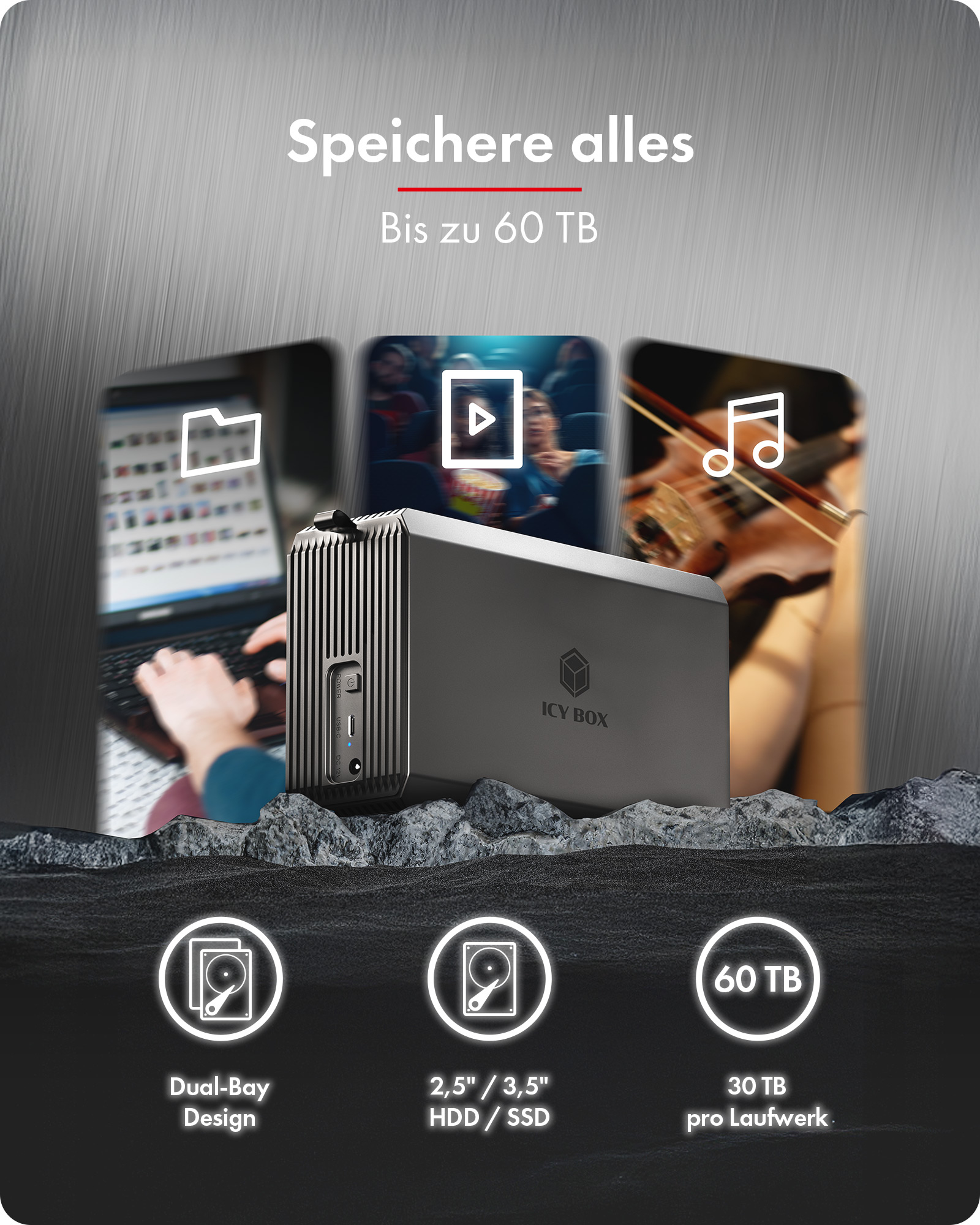 ICY BOX IB-RD3720-CU3 2-Bay RAID Gehäuse 2,5"/3,5" SATA USB 3.2 Gen 2 Schwarz