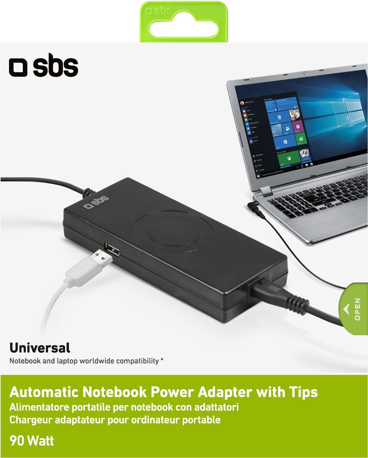 SBS Tragbares Netzteil für Notebooks 90W mit Adaptern (TTADAPTNB90W)
