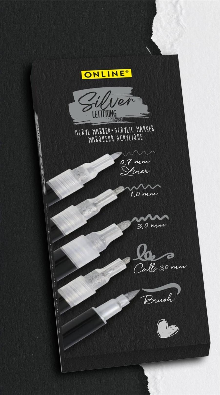 ONLINE Silver Lettering Acrylstifte-Set silber 5 St. (18518)