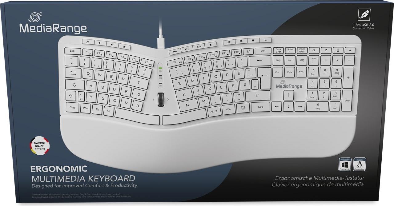 MediaRange MROS272 Ergonomische Tastatur kabelgebunden USB QWERTZ 124 Tasten Weiß