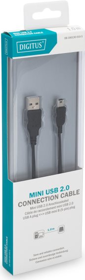 Assmann/Digitus USB2.0 Anschlusskabel, 1 m USB 2.0 Anschlusskabel, Typ A - mini B (5pin) St/St, 1.0m, USB 2.0 konform, UL, sw (DB-300130-010-S)