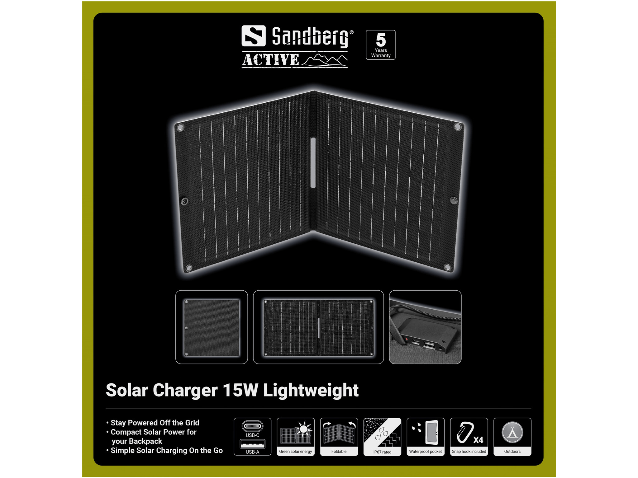 Sandberg 421-42 Solarladegerät 15 W Lightweight USB-A/C IP67 Schwarz