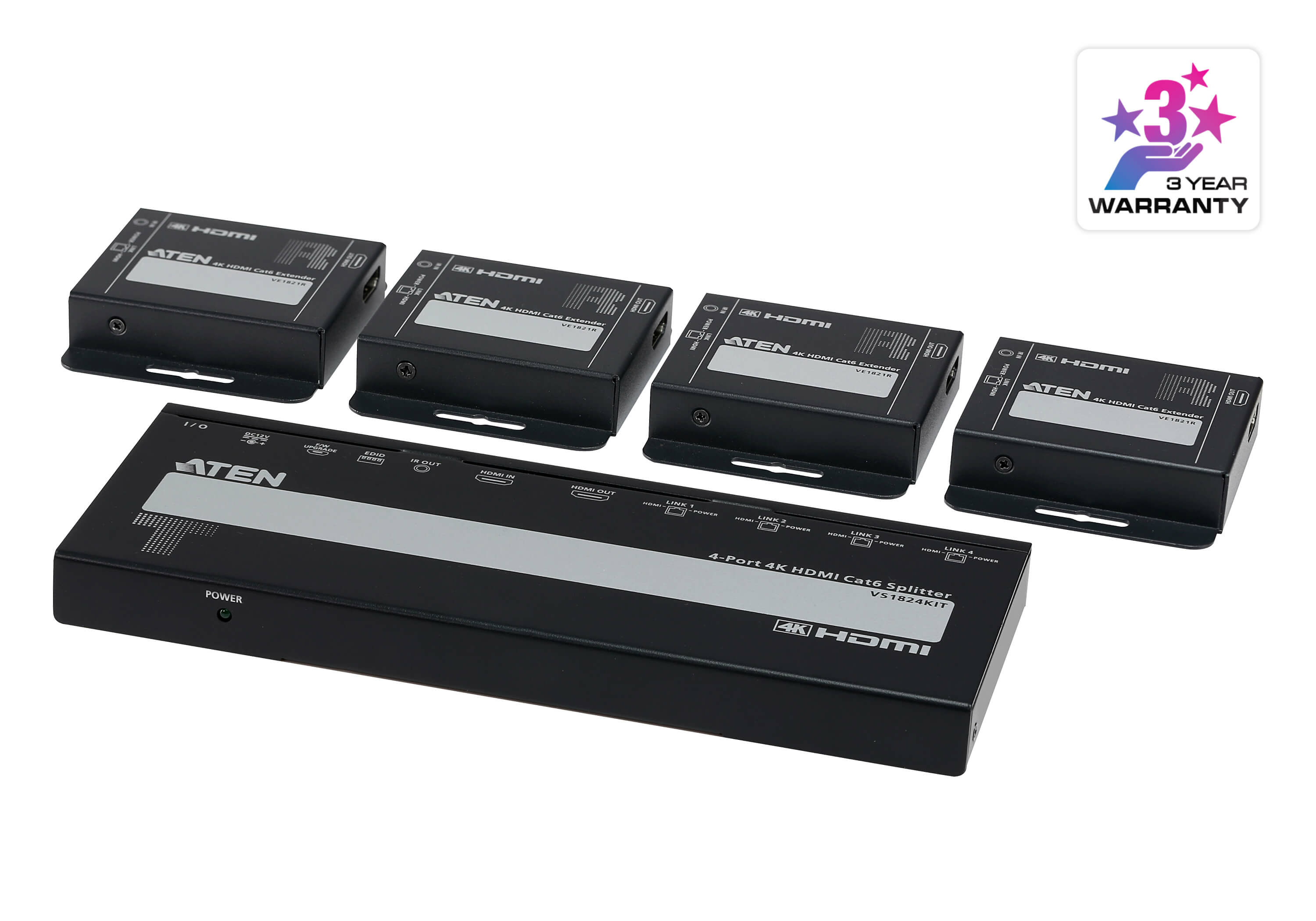 ATEN VS1824KIT 4K HDMI Cat6 Videosplitter Kit 1 Sender 4 Empfänger Schwarz