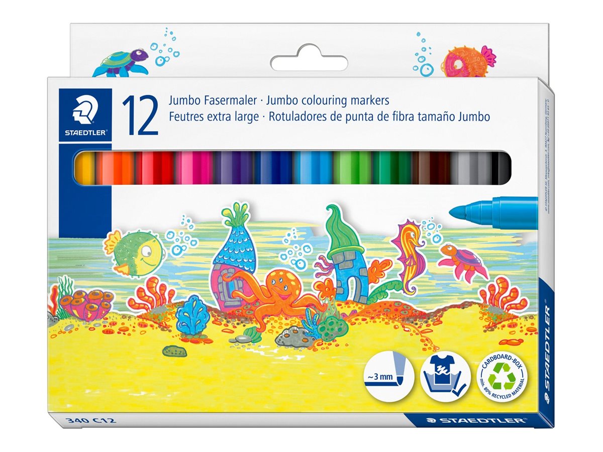 STAEDTLER Noris Jumbo Fasermaler 340 C12, 12er-Set, 3 mm Strichbreite, Verschiedene Farben