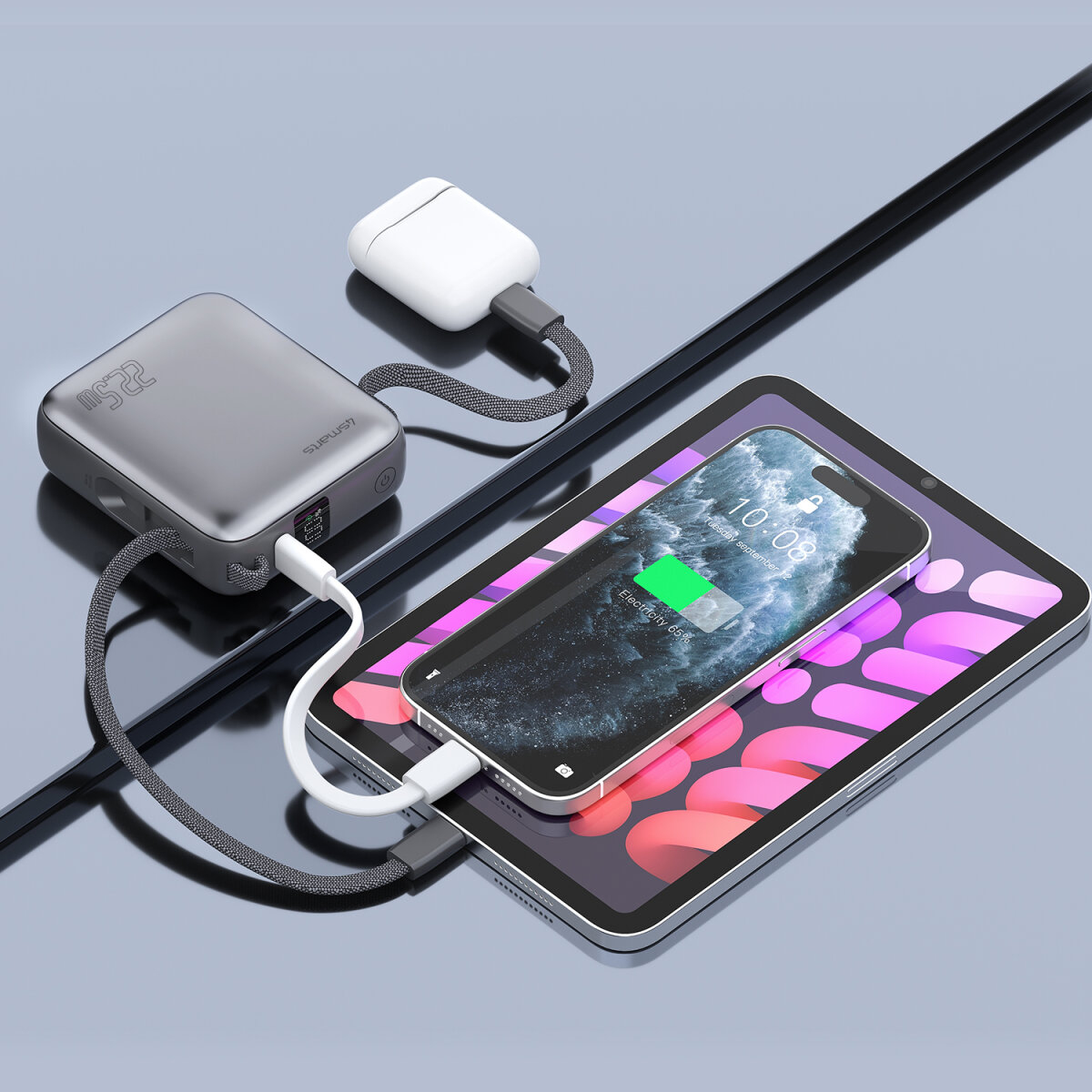 4smarts Pocket Dual Cord Powerbank 10000 mAh 22,5 W Grau