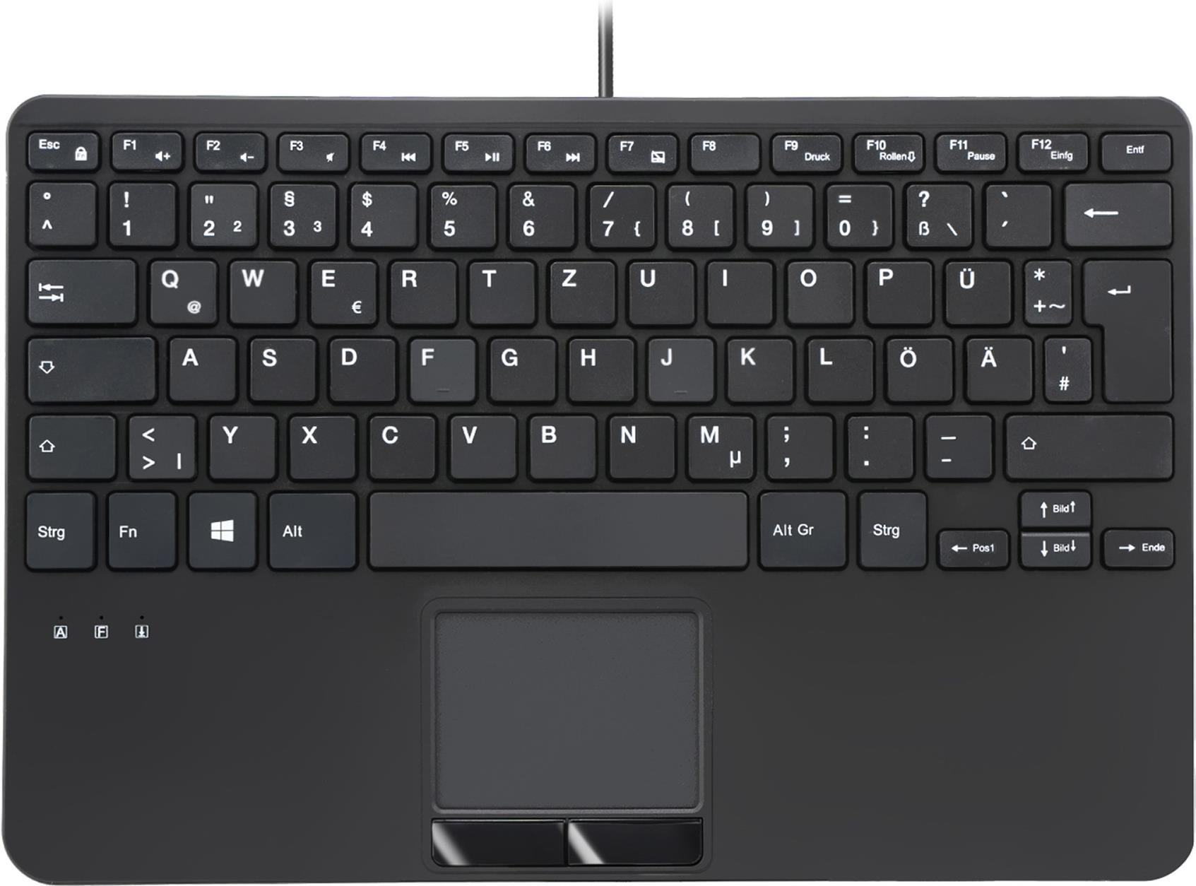 Perixx PERIBOARD-525 DE B, Kabelgebundene Mini-USB-Tastatur mit Touchpad, Scherentasten, 2 integrierte USB-Anschlüsse, schwarz (PERIBOARD-525 DE B)