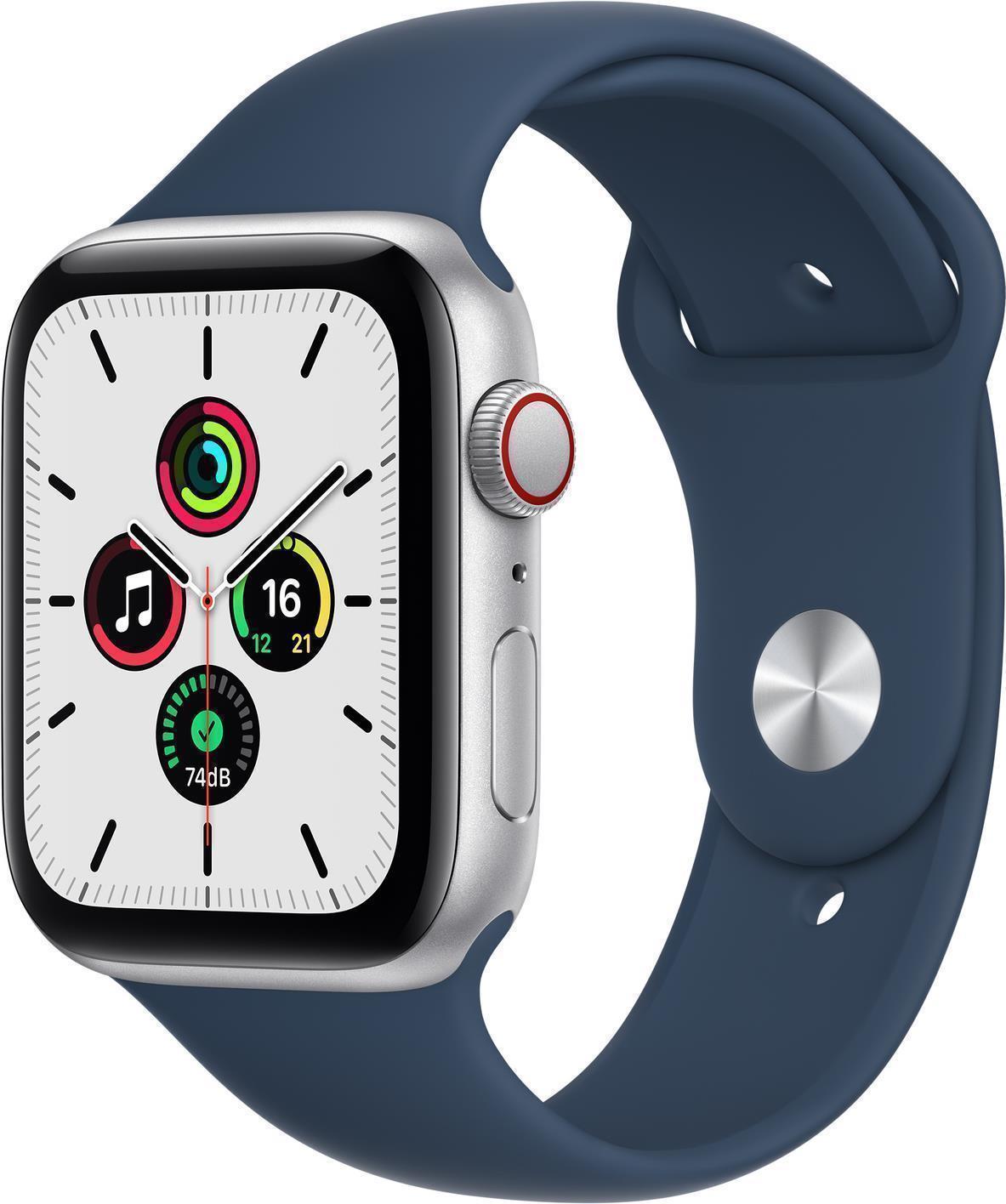 Apple Watch SE GPS + Cellular, 44mm Silver Aluminium Case with Abyss Blue Sport Band - Regular (MKRY3FD/A)