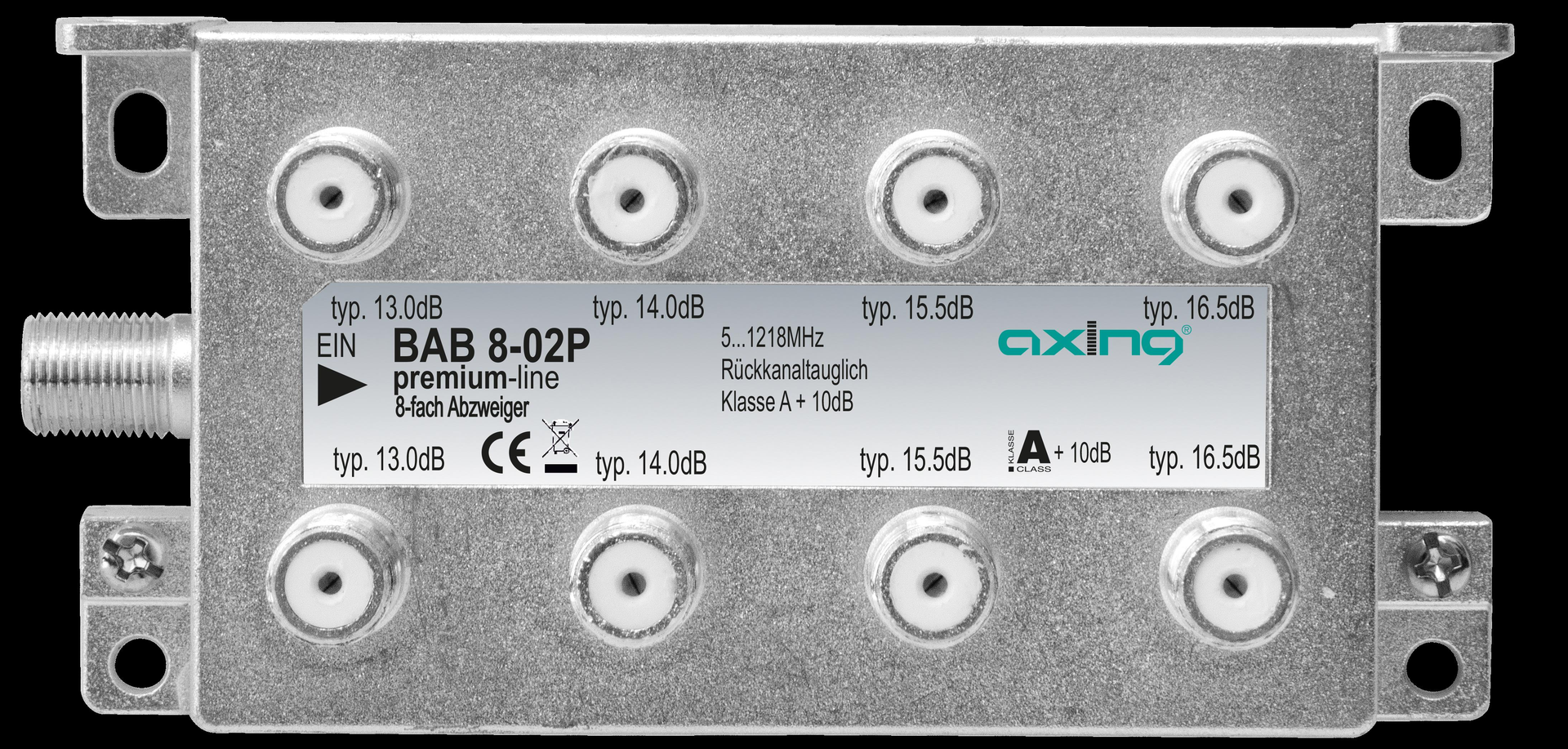 Axing BAB 8-02. Typ: Kabelsplitter, Frequenzbereich: 5 - 1006 MHz, Produktfarbe: Grau. Stecker: F. Breite: 130 mm, Tiefe: 42 mm, Höhe: 59 mm (BAB00802P)