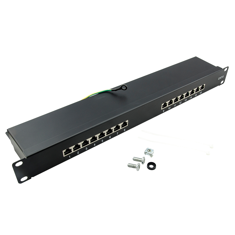 LogiLink EconLine 19" Patch Panel Kat.6, 16 RJ45 Ports, 1 HE, geschirmt, Schwarz