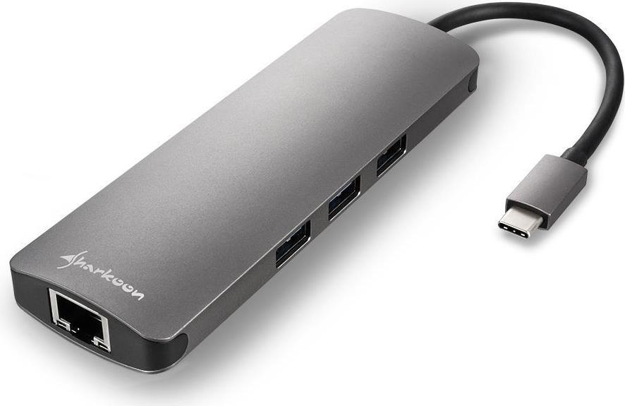 Sharkoon USB 3.0 Type C Combo Adapter Dockingstation HDMI RJ-45 Aluminium Grau