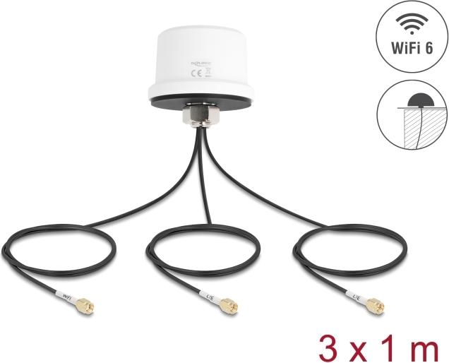 Delock 4G MIMO Dualband WiFi 6 Antenne 2 x SMA+ 1 RP-SMA Stecker ULA100 1 m (81472)