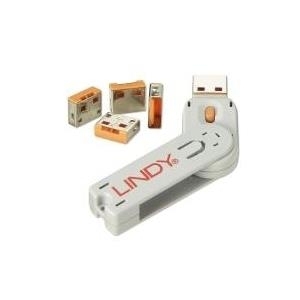 Lindy USB Typ A Port Schloss, orange Vier Port Schlösser für USB mit Schlüssel sind die ideale Lösung, um schnell USB Ports gegen unberechtigten Zugriff zu sichern (40453)