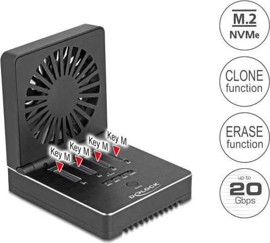 Delock USB 20 Gbps M.2 Dockingstation für 4 x M.2 NVMe PCIe SSD mit Klon- und Löschfunktion (64352)