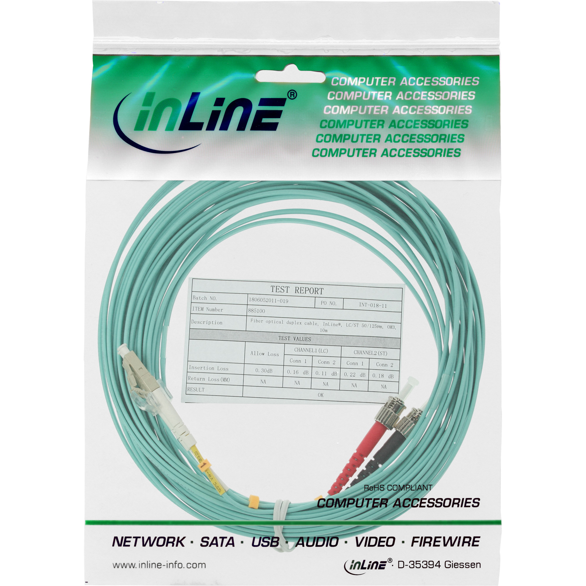 InLine LWL Duplex Patch-Kabel LC/ST 50/125µm OM3 20 m Türkis