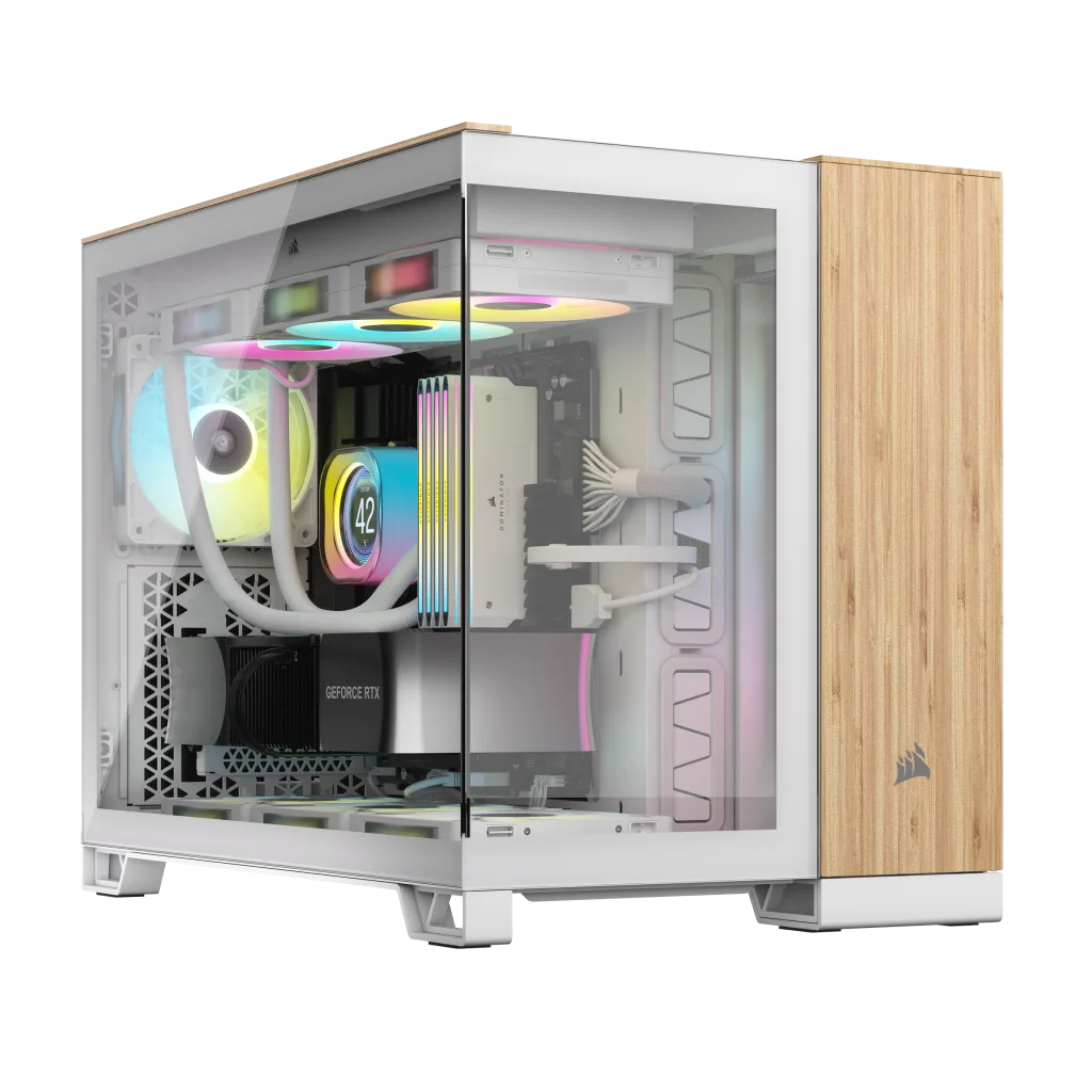 Corsair 2500X Mid-Tower Systemgehäuse, micro ATX, Seitenteil mit gehärtetem Glas, Doppelkammer-Layout, Weiß, Bamboo Wood