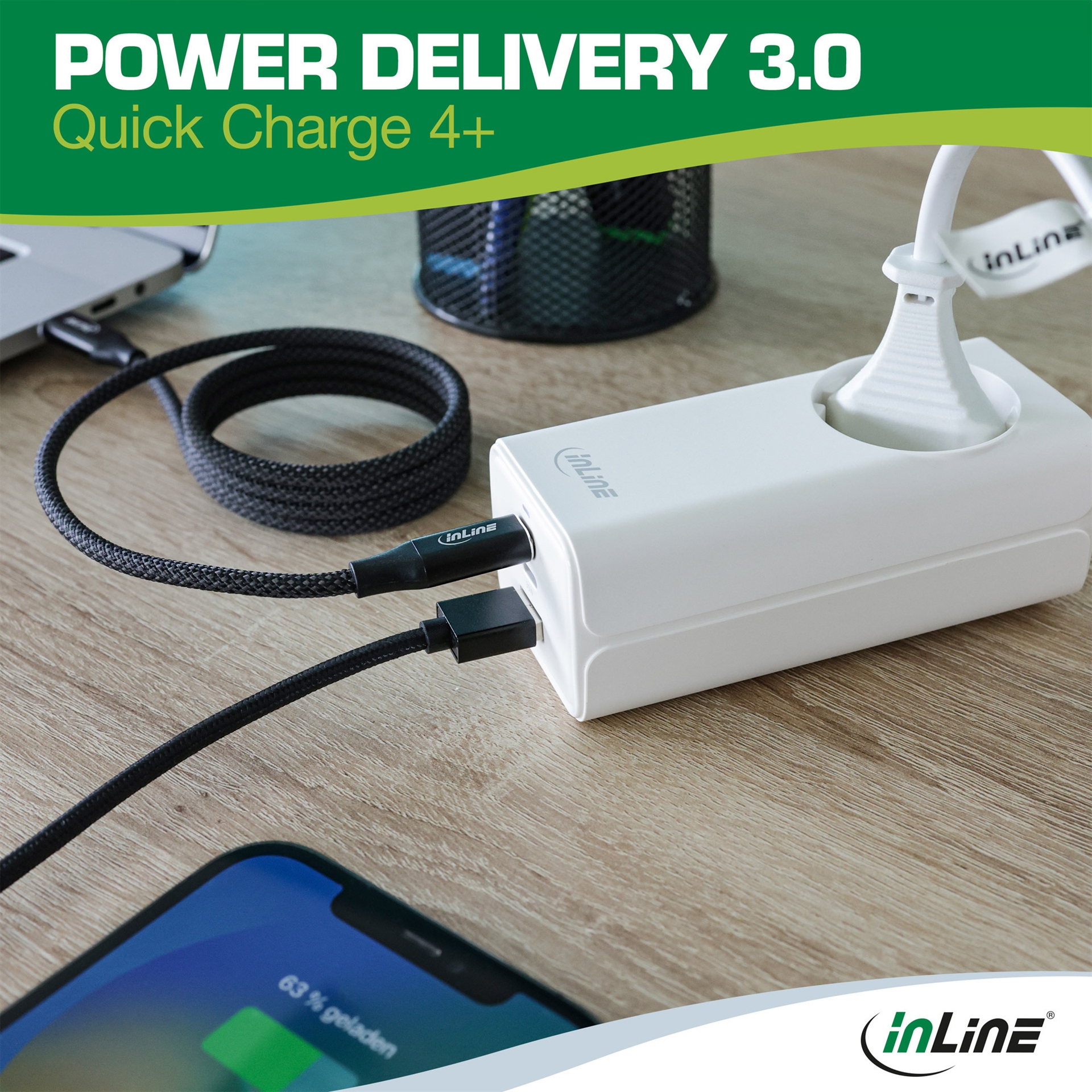 InLine GaN Ladegerät 65W 2x USB-C 1x USB-A mit Schutzkontaktbuchse Weiß