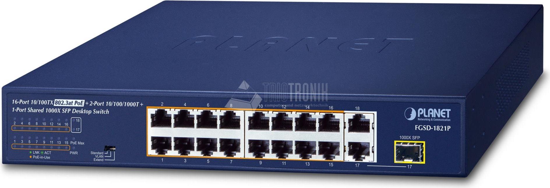 PLANET 16-Port 10/100TX 802.3at PoE Unmanaged Fast Ethernet (10/100) Power over Ethernet (PoE) 1U Blau (FGSD-1821P)