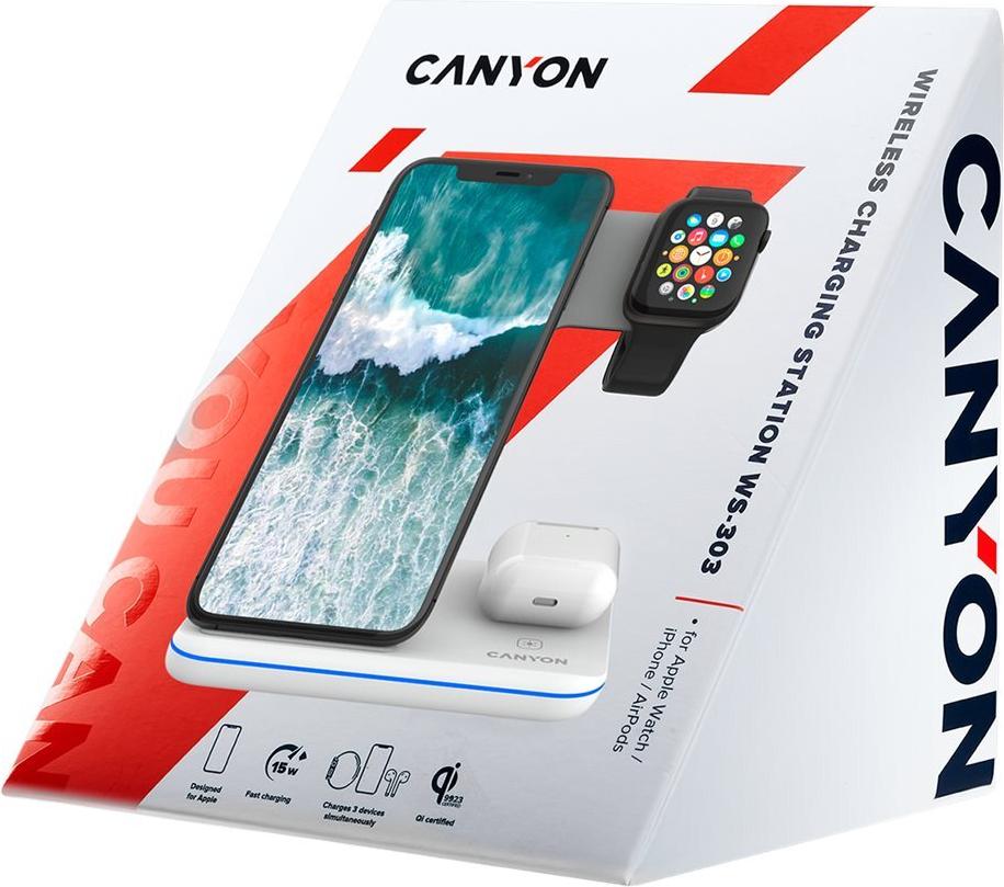 Canyon WS-303 Kabelloses Ladegerät 3-in-1 15 Watt Fast Charge Weiß