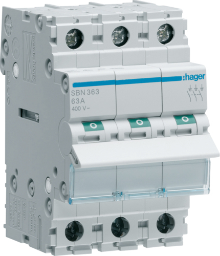 Hager SBN363. Nennstrom: 63 A, Spulenspannung (max): 440 V. Module Menge (max): 3 Modul(e), Internationale Schutzart (IP-Code): IP20. Breite: 52,5 mm, Höhe: 83 mm (SBN363)