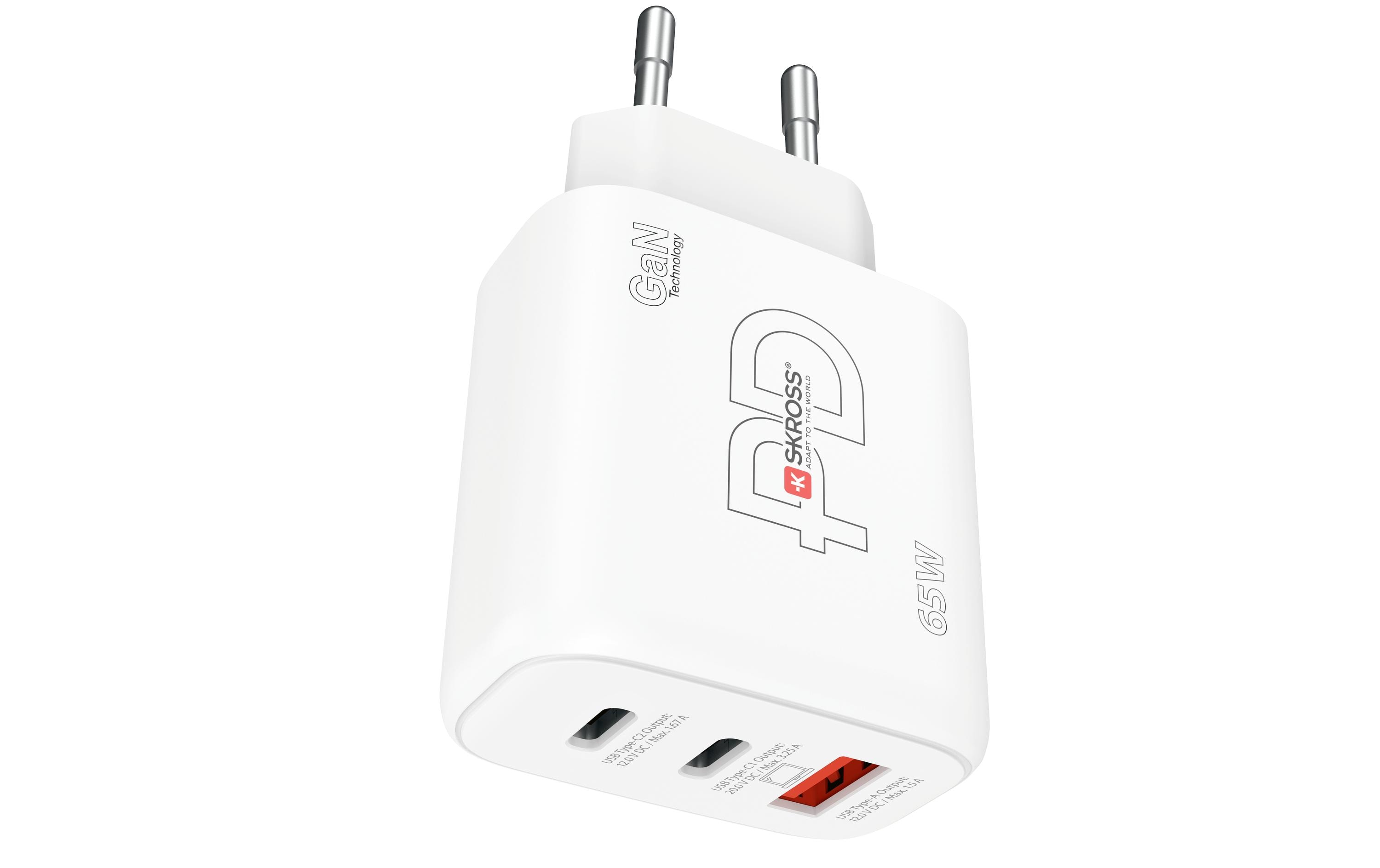 SKROSS Power Charger 65W PD GaN EU 2x USB-C 1x USB-A Weiß