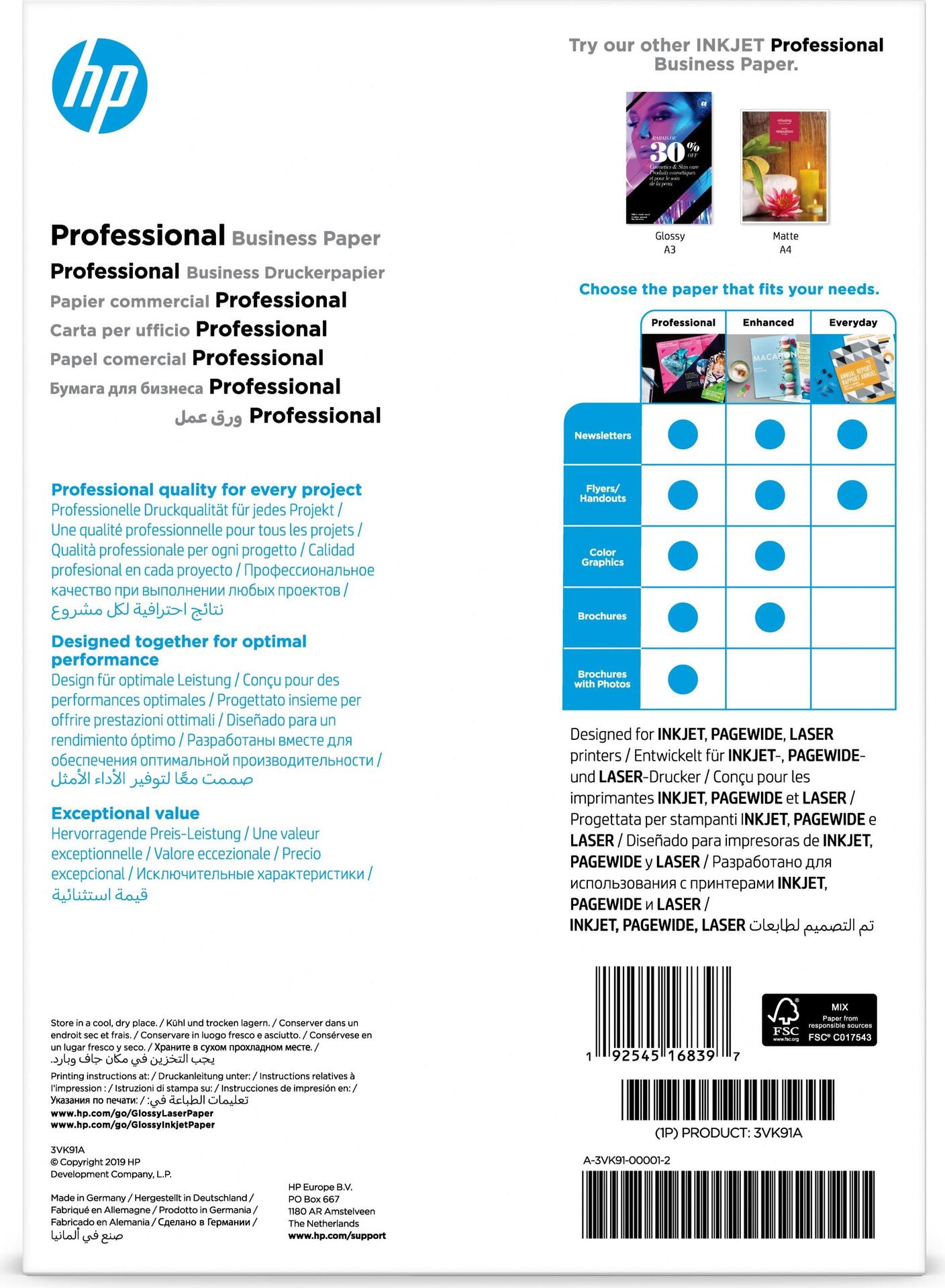 HP Professional Multi-use Glossy FSC Papers 180 gsm-150 sht/A4/210 x 297 mm Druckerpapier A4 (210x297 mm) Glanz 150 Blätter Weiß (3VK91A)