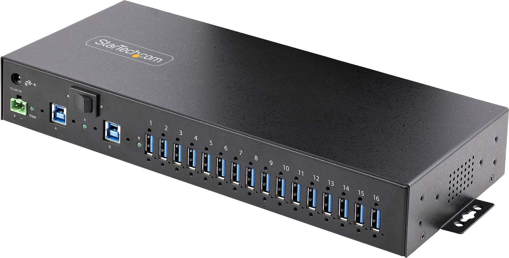 StarTech.com 16-Port Industrial USB 5Gbps Hub with Power Adapter, Metal Enclosure, Mountable, ESD Protection, Terminal Block Power, USB Charging, Dual-Host Switch (S5G16AINDS-USB-A-HUB)