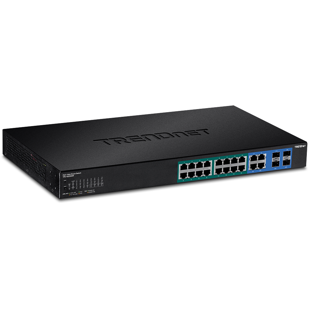 TRENDnet TPE 1620WSF Gigabit Web Smart PoE+ Switch 20-Port 16x PoE+ 370W 4x Shared SFP Schwarz