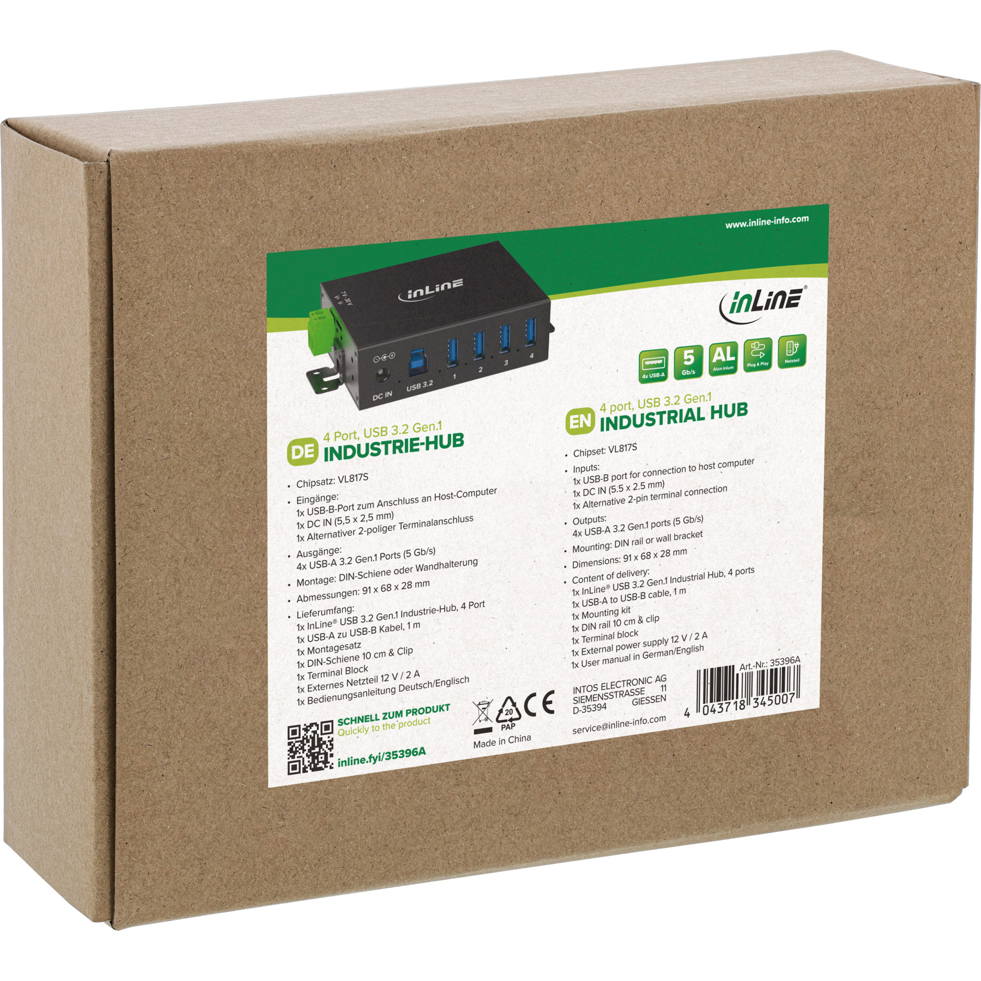 InLine 35396A USB 3.2 Gen.1 Industrie-Hub 4-Port Aluminiumgehäuse mit Netzteil Schwarz