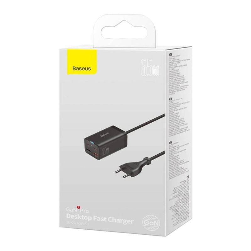 Baseus GaN3 Pro Wandladegerät 65W 2x USB-C 2x USB-A Schwarz