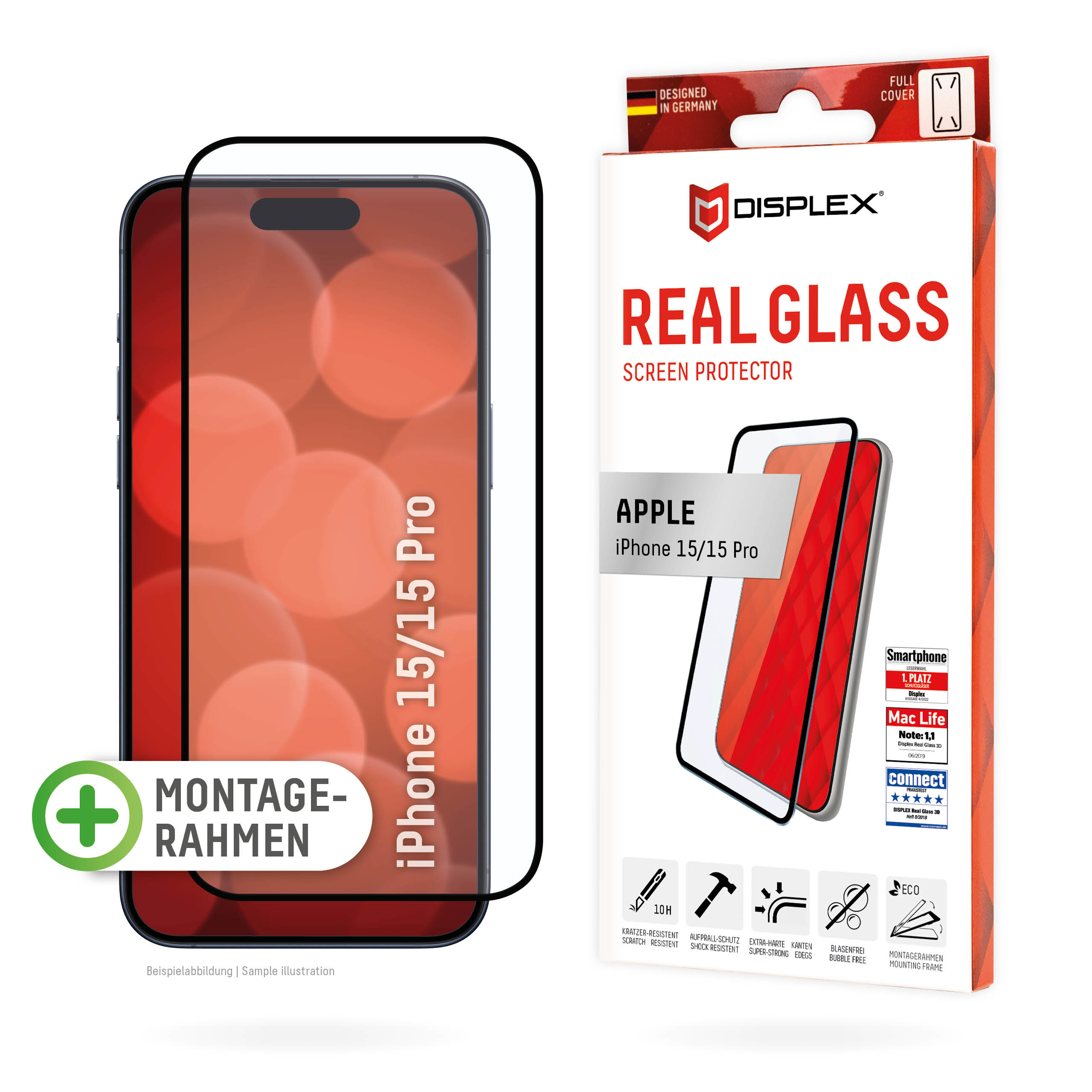 Displex Real Glass Full Cover Panzerglas 10H für Apple iPhone 15 / iPhone 15 Pro Transparent