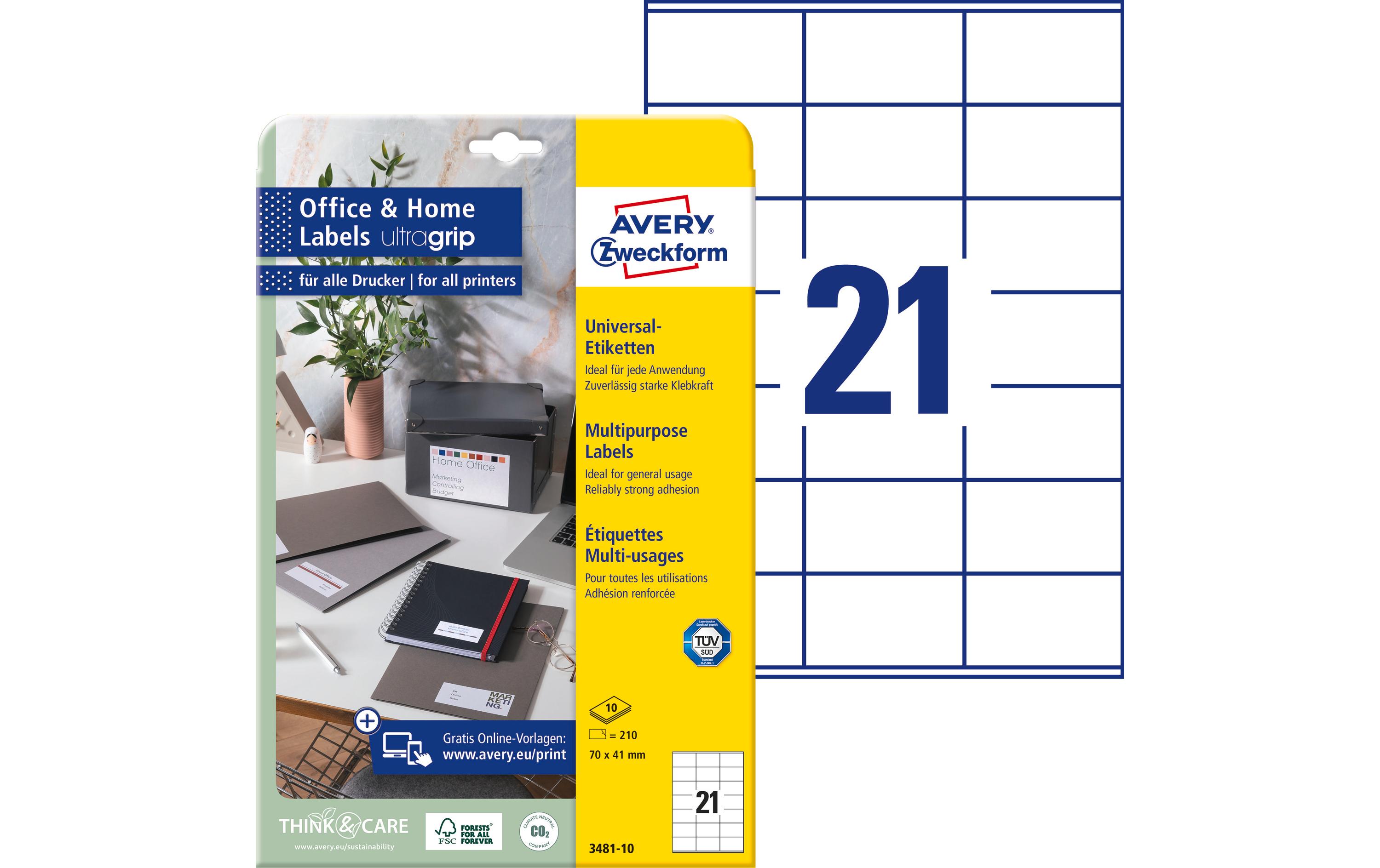 Avery Zweckform 3481-10 Selbstklebende Druckeretiketten 70 x 41 mm A4 Permanent Weiß